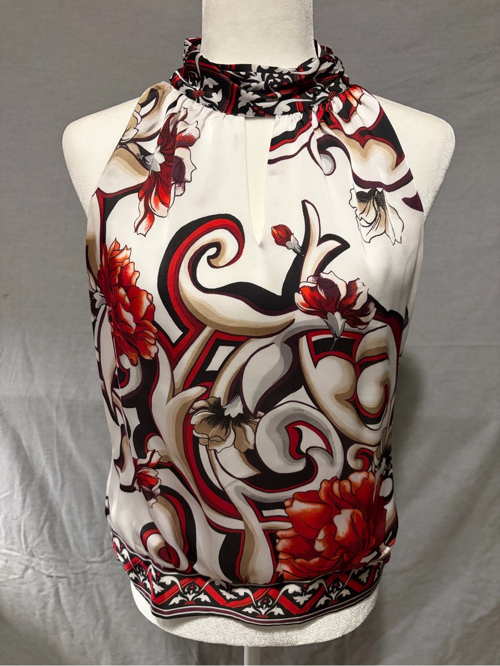 White House Black Market Red, Black and Cream Floral Halter Camisole